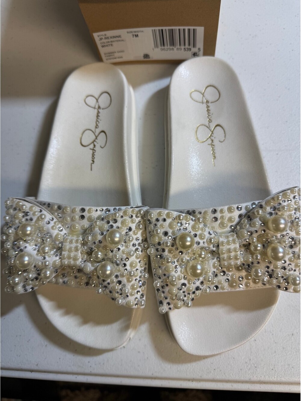 Jessica Simpson JP-Rexinne White Shimmer Sand Fabric Slide Sandals Size 7M
